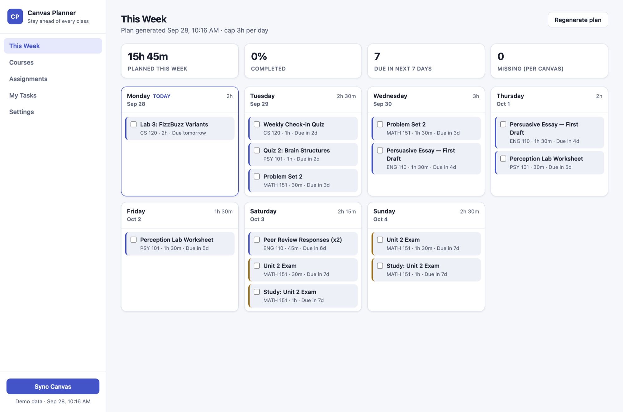 Taska week plan: each day's work blocks, capped at three hours a day, with due dates